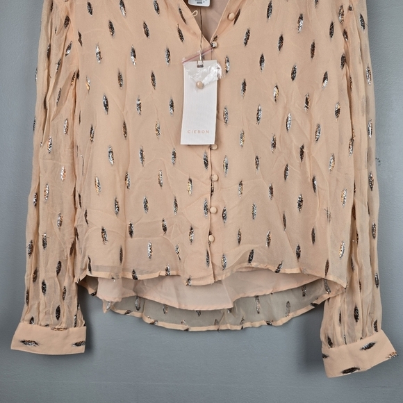 CIEBON Farah Top Button-up Slight Crop Peach Metallic All Over Print Women Sz S‎ - Picture 3 of 12